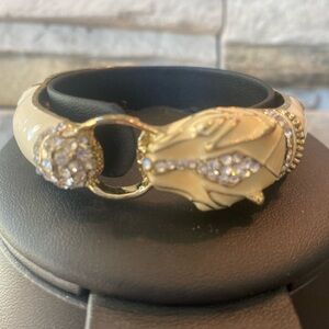 Fashion Bangle Leopard Head Enamel Rhinestones Ivory Gold Statement